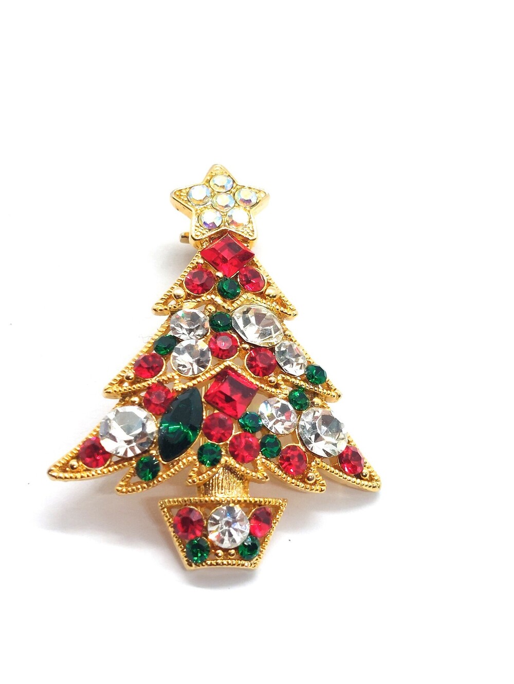 Vintage Christmas Tree Brooch Pin Rhinestones Multi Color Holiday Star
